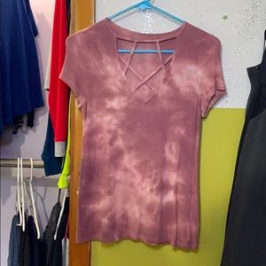 Pink and white tie dye-ish shirt w/ lace front